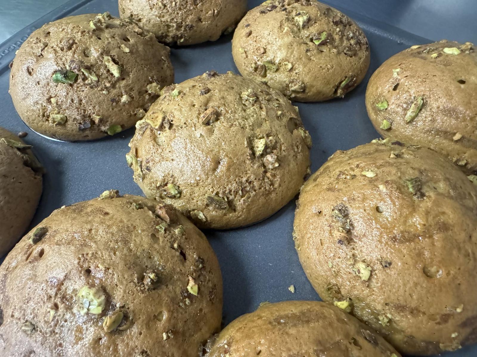 Tray of pistachio morning buns fresh out of the oven