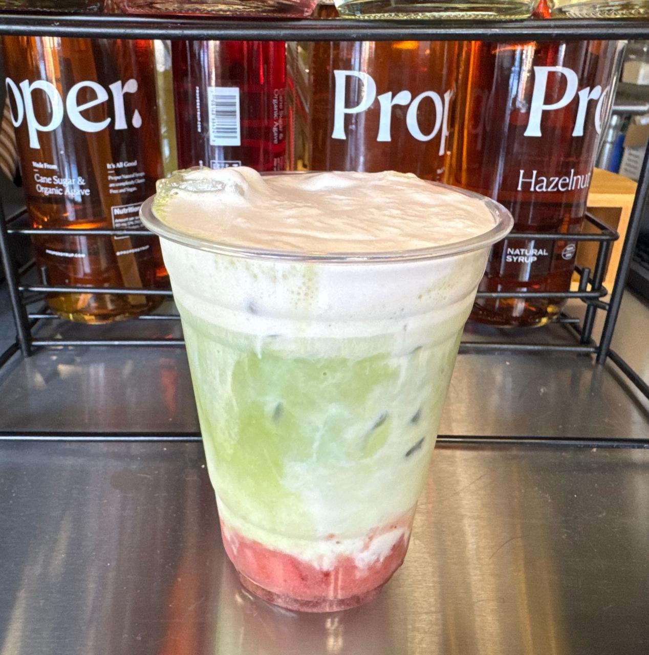 Strawberry Matcha Latte layered with strawberry and matcha